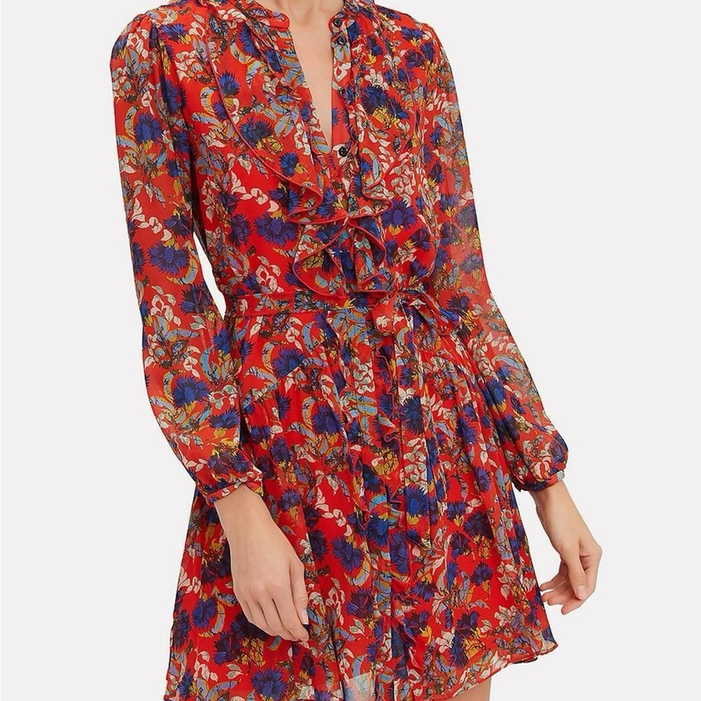 SALONI Red Floral Long-Sleeve Ruffle Silk Dress